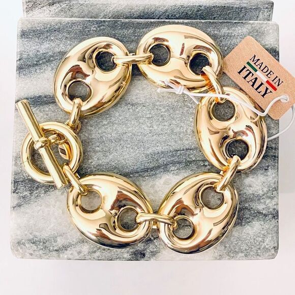 NWT Mia Fiore Made in Italy 18kt Gold plated Bronze Puffed Big Links Bracelet - Picture 1 of 17